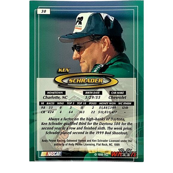 Ken Schrader, Andy Petree Racing, Card 30, 1999 Wheels NASCAR Winston Cup, NM+ - Picture 3 of 4